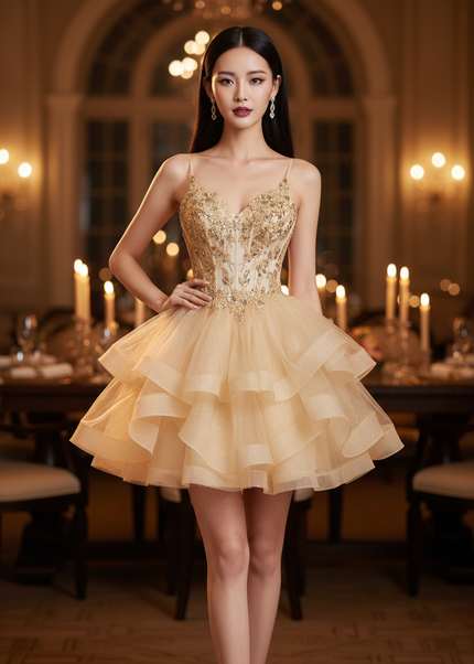 Goldenes Glitzer Kleid Korsett Kurz - Ansicht 1