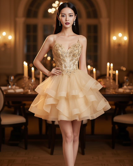 Goldenes Glitzer Kleid Korsett Kurz - Ansicht 3