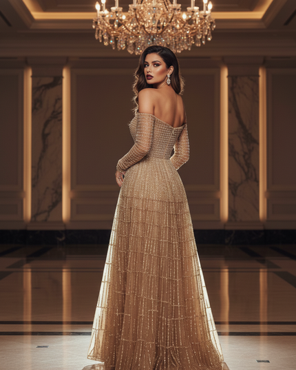 Goldenes Glitzer Kleid Langarm - Ansicht 2
