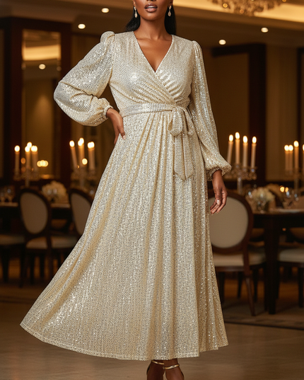 Goldenes Glitzerkleid Midi Puffarmel - Ansicht 1