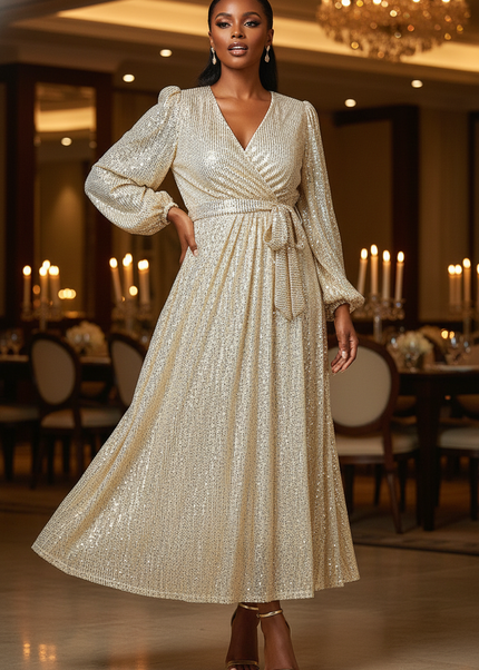 Goldenes Glitzerkleid Midi Puffarmel - Ansicht 1