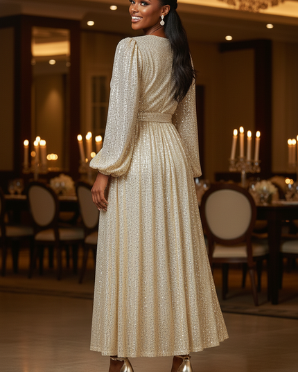 Goldenes Glitzerkleid Midi Puffarmel - Ansicht 2