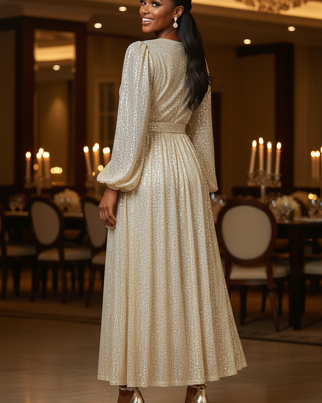 Goldenes Glitzerkleid Midi Puffarmel - Ansicht 2
