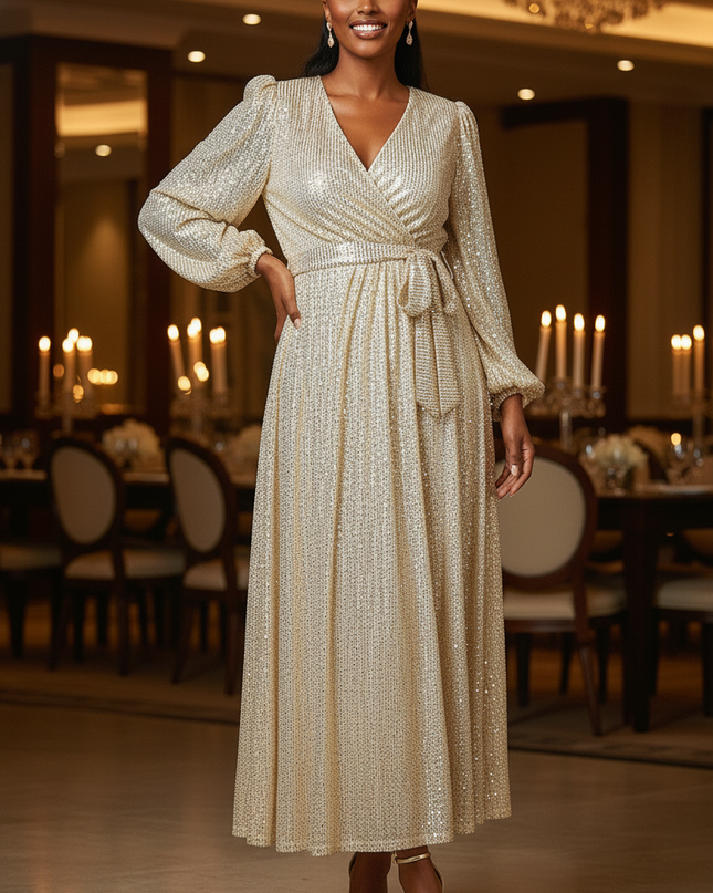 Goldenes Glitzerkleid Midi Puffarmel - Ansicht 3