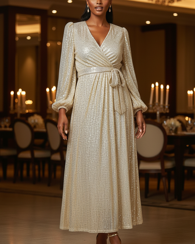 Goldenes Glitzerkleid Midi Puffarmel - Ansicht 4