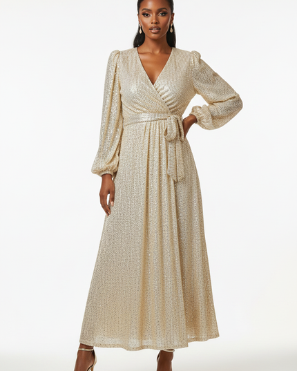 Goldenes Glitzerkleid Midi Puffarmel - Ansicht 5