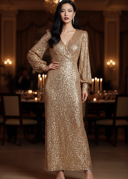 Goldenes Pailletten Kleid Langarm - Ansicht 1