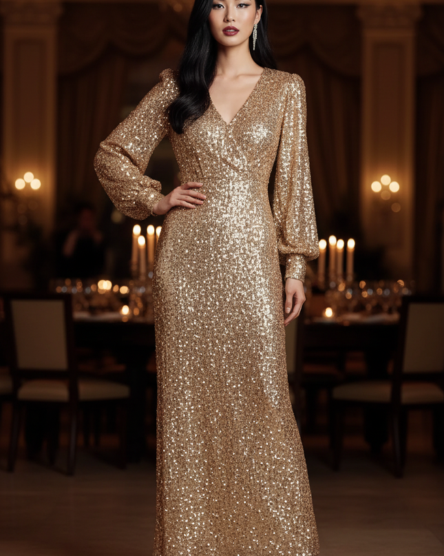Goldenes Pailletten Kleid Langarm - Ansicht 1