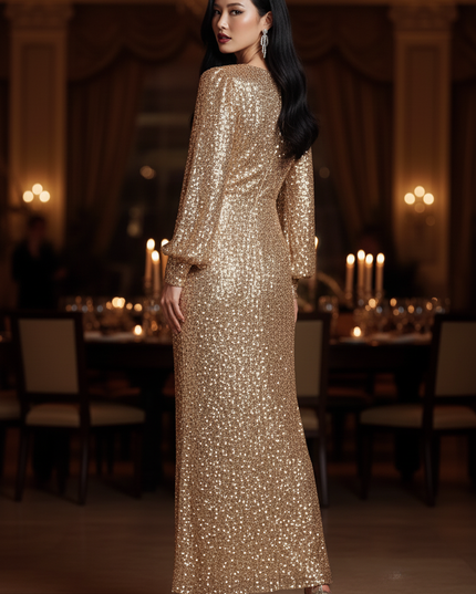 Goldenes Pailletten Kleid Langarm - Ansicht 2