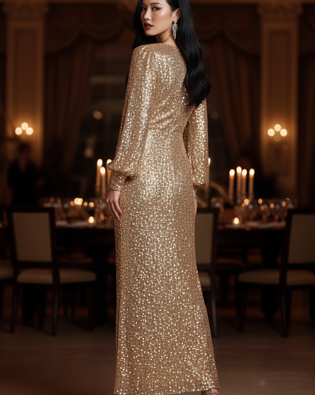 Goldenes Pailletten Kleid Langarm - Ansicht 2