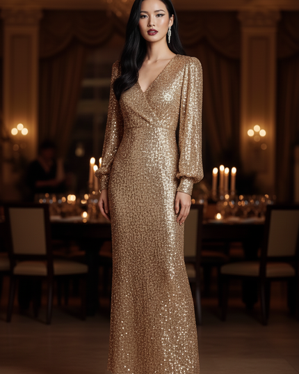 Goldenes Pailletten Kleid Langarm - Ansicht 3