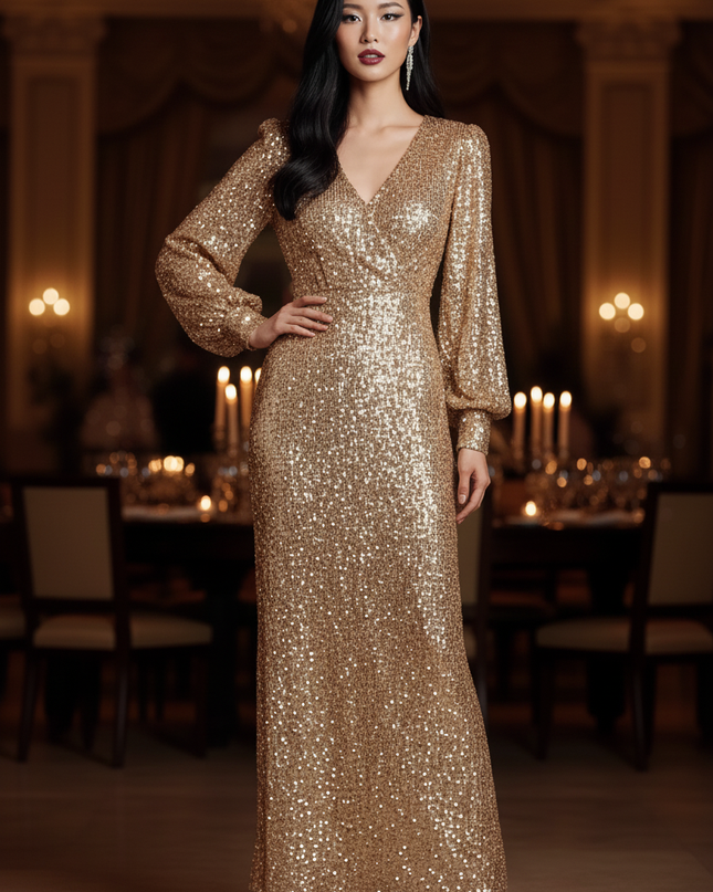 Goldenes Pailletten Kleid Langarm - Ansicht 4