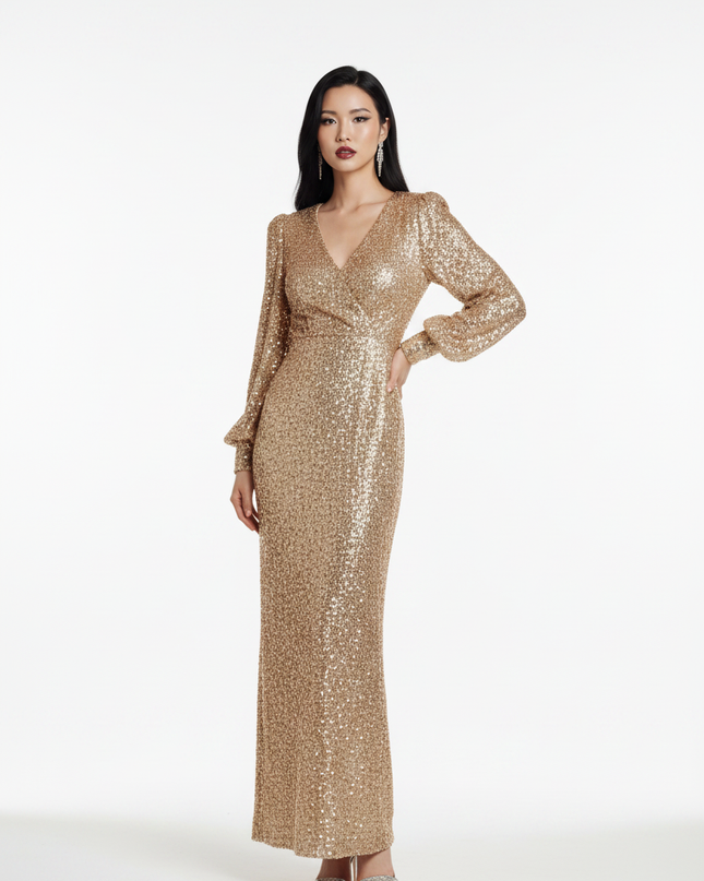 Goldenes Pailletten Kleid Langarm - Ansicht 5