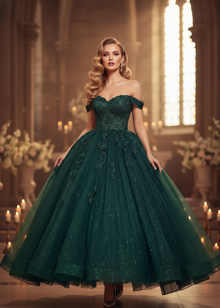 Gruenes Glitzer Ballkleid Blumen - Ansicht 1