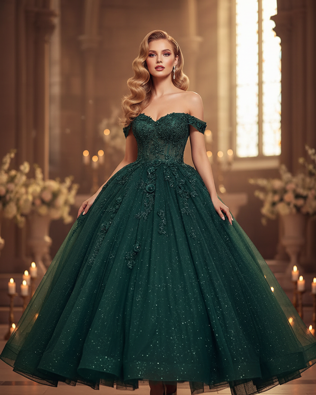 Gruenes Glitzer Ballkleid Blumen - Ansicht 1