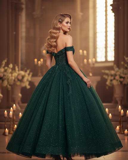 Gruenes Glitzer Ballkleid Blumen - Ansicht 2
