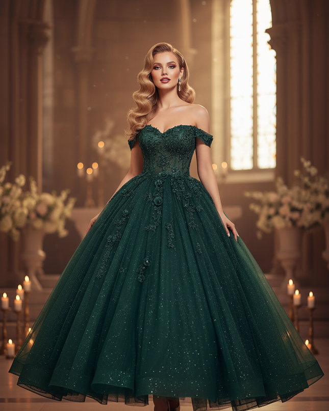 Gruenes Glitzer Ballkleid Blumen - Ansicht 3