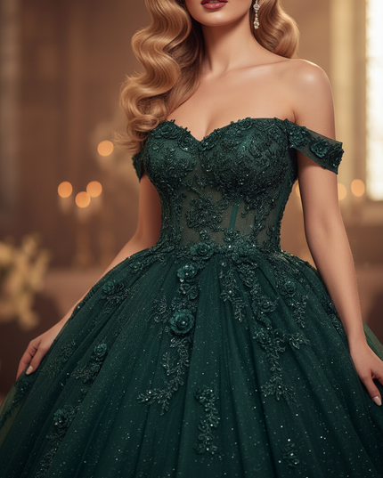 Gruenes Glitzer Ballkleid Blumen - Ansicht 4
