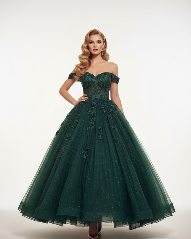 Gruenes Glitzer Ballkleid Blumen - Ansicht 5