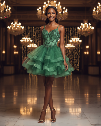 Elegantes Gruenes Glitzerkleid Kurz - Ansicht 3