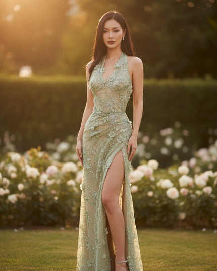 Hellgrunes Glitzerkleid im Halterneck - Ansicht 1