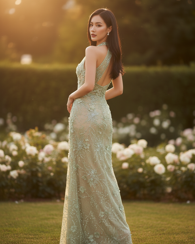 Hellgrunes Glitzerkleid im Halterneck - Ansicht 2