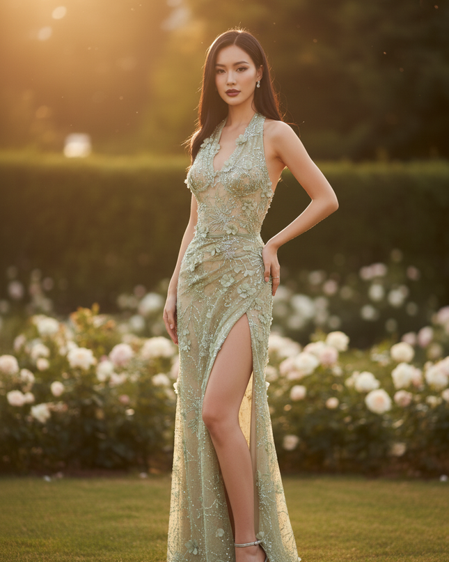 Hellgrunes Glitzerkleid im Halterneck - Ansicht 3