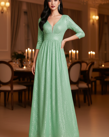 Gruenes Glitzerkleid Lang Langarm - Ansicht 1