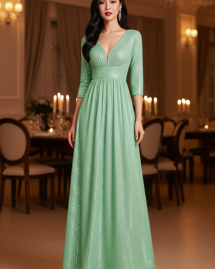 Gruenes Glitzerkleid Lang Langarm - Ansicht 3