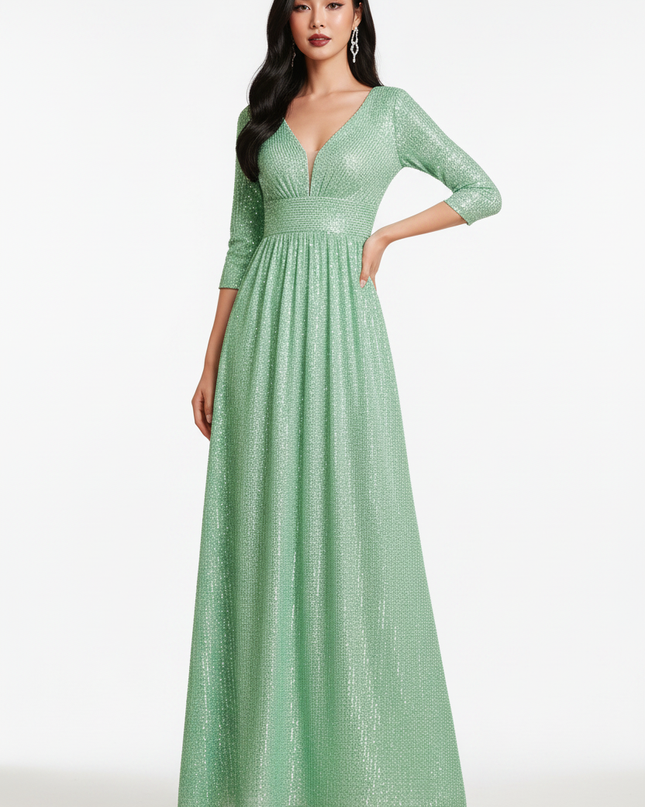 Gruenes Glitzerkleid Lang Langarm - Ansicht 5