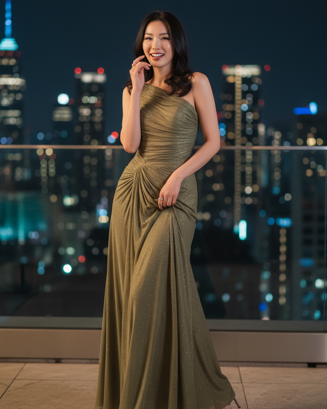 Gruenes Glitzerkleid One Shoulder Lang - Ansicht 1