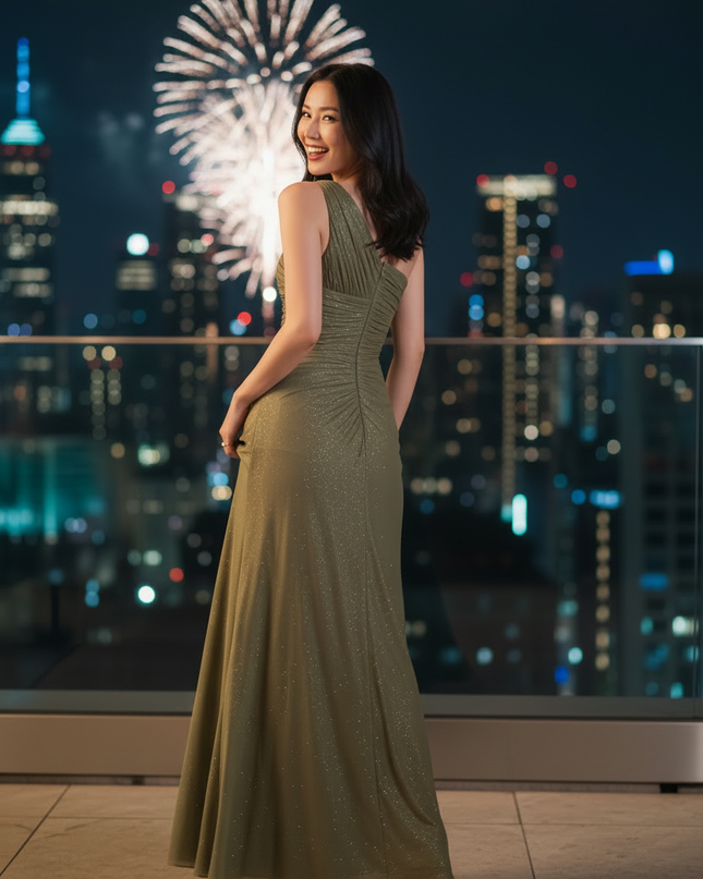 Gruenes Glitzerkleid One Shoulder Lang - Ansicht 2
