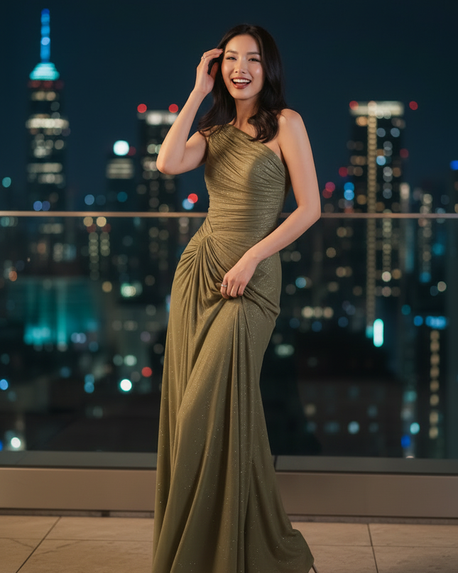 Gruenes Glitzerkleid One Shoulder Lang - Ansicht 3