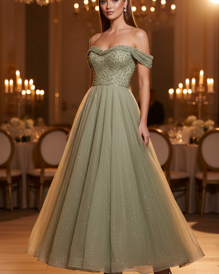 Gruenes Glitzer Kleid Lang Sweetheart - Ansicht 1