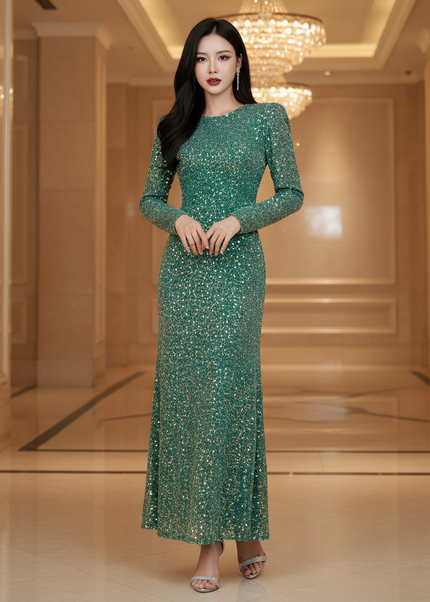 Gruenes Glitzerkleid Langarm Laterne - Ansicht 1