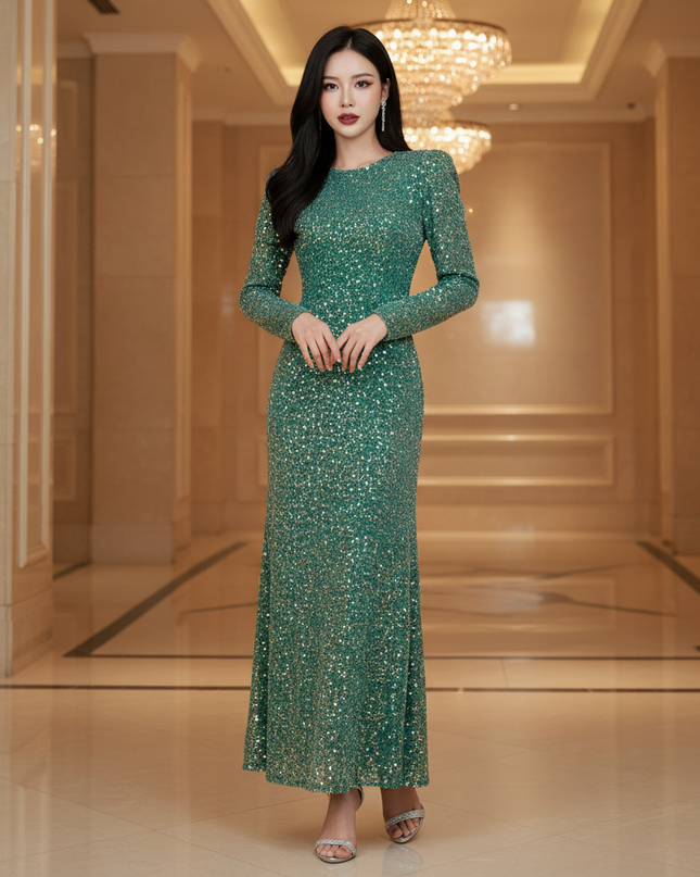 Gruenes Glitzerkleid Langarm Laterne - Ansicht 1