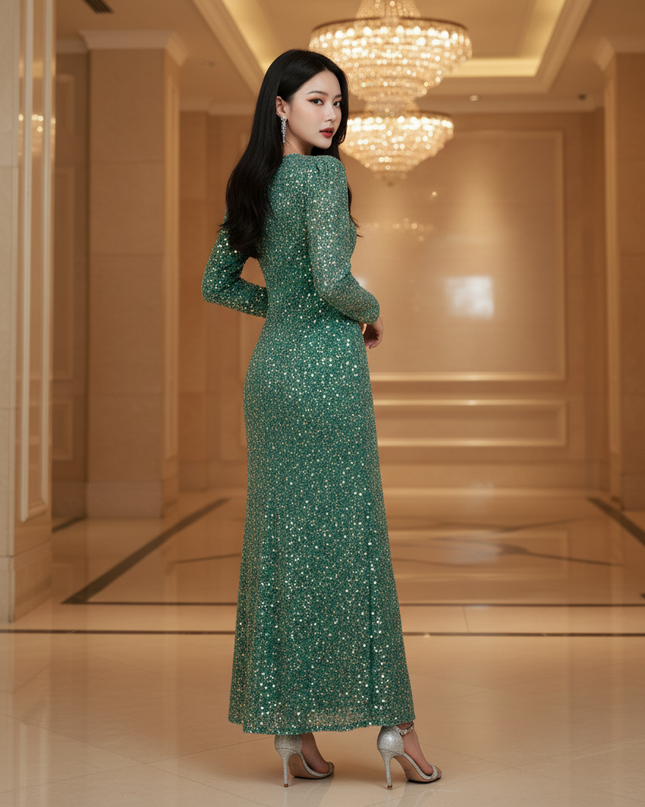 Gruenes Glitzerkleid Langarm Laterne - Ansicht 2