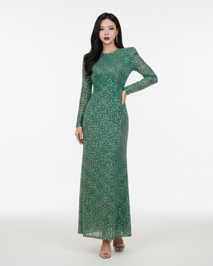 Gruenes Glitzerkleid Langarm Laterne - Ansicht 5