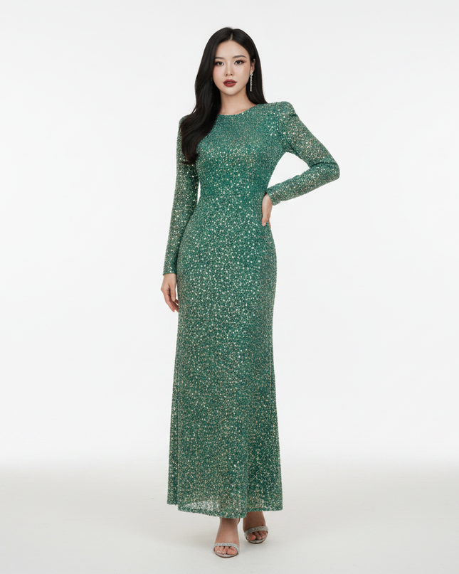 Gruenes Glitzerkleid Langarm Laterne - Ansicht 5