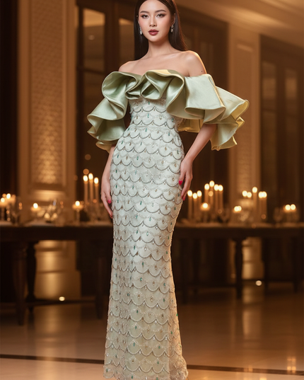 Gruenes Glitzer Kleid Off Shoulder - Ansicht 1