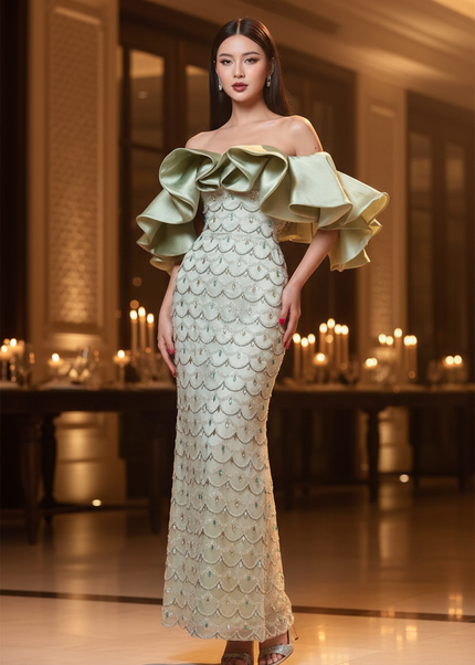 Gruenes Glitzer Kleid Off Shoulder - Ansicht 1