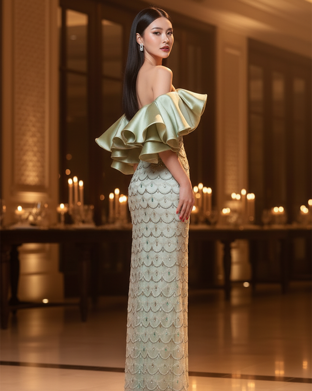 Gruenes Glitzer Kleid Off Shoulder - Ansicht 2