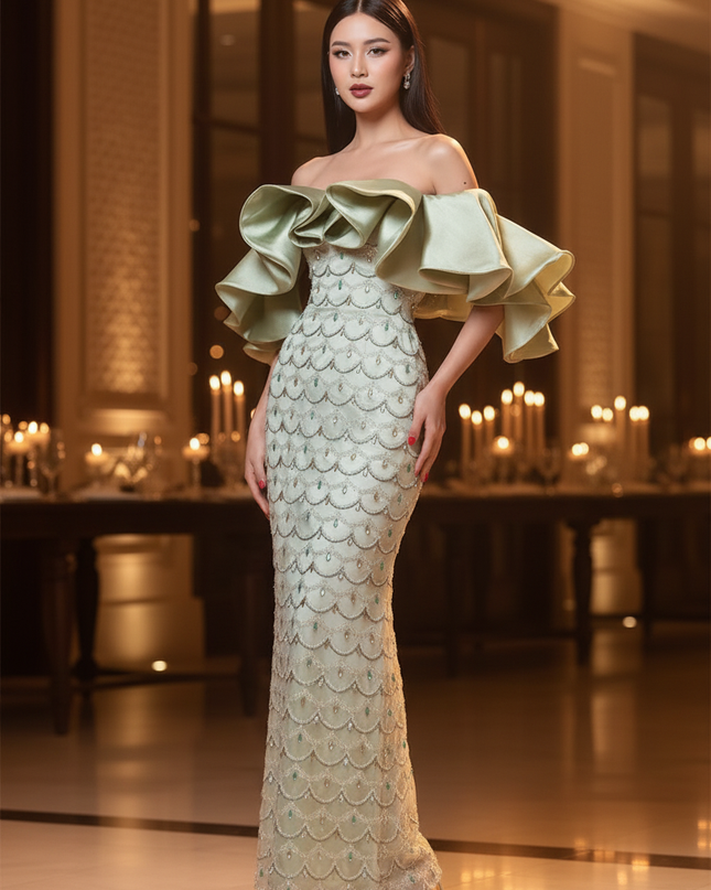 Gruenes Glitzer Kleid Off Shoulder - Ansicht 3