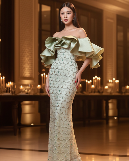 Gruenes Glitzer Kleid Off Shoulder - Ansicht 4