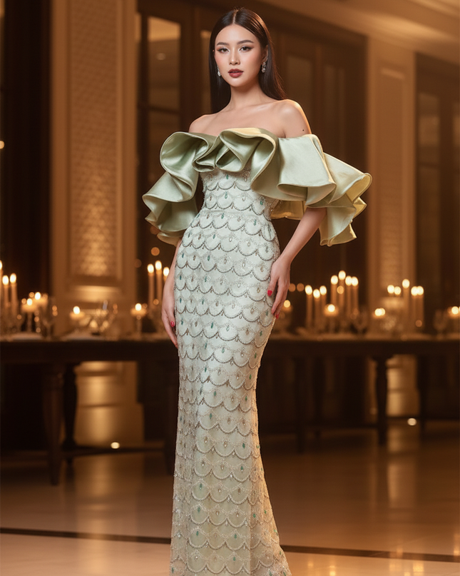 Gruenes Glitzer Kleid Off Shoulder - Ansicht 4