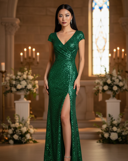 Gruenes Glitzer Kleid One Shoulder Lang - Ansicht 1