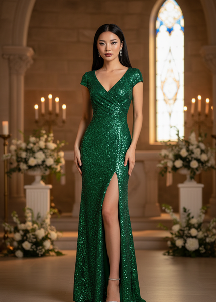 Gruenes Glitzer Kleid One Shoulder Lang - Ansicht 1