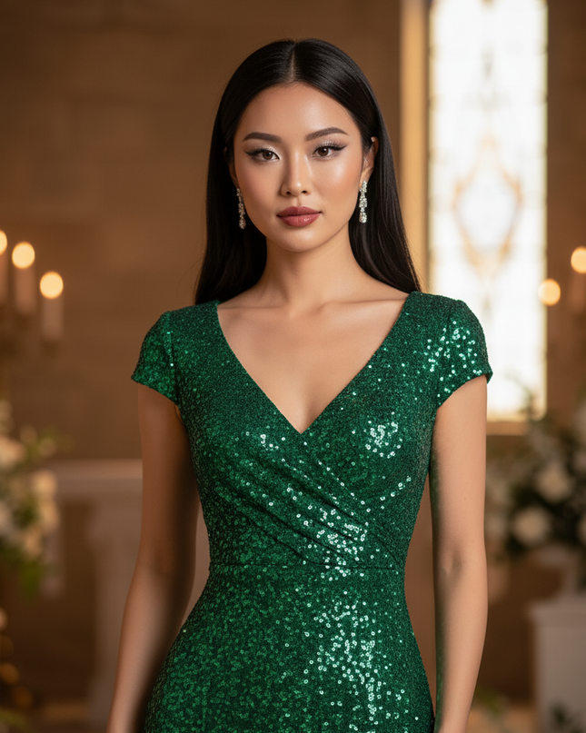 Gruenes Glitzer Kleid One Shoulder Lang - Ansicht 4
