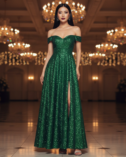 Gruenes Pailletten-Maxi Kleid - Ansicht 1
