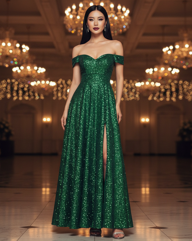Gruenes Pailletten-Maxi Kleid - Ansicht 1